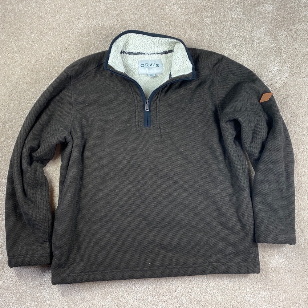 ORVIS Mens Classic Collection Quarter Zip Sherpa Lined Fleece Pullover‎ Brown L